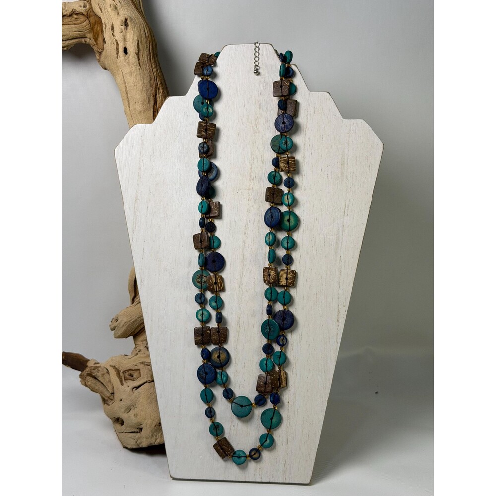 Blue Teal Boho Necklace, Long Multistrand Earthy Brown Square Beads